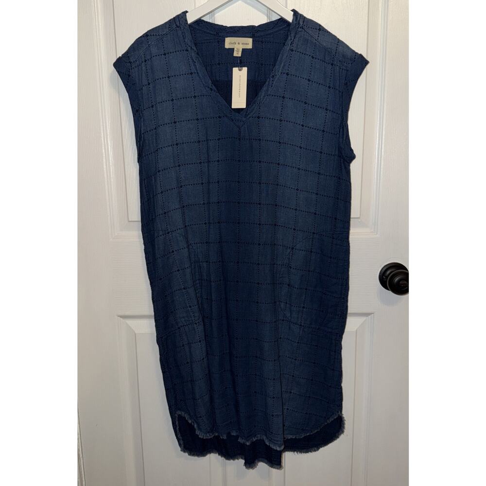 NEW Anthropologie Frayed Tunic Dress from Cloth & Stone M Blue Chambray‎ Pockets